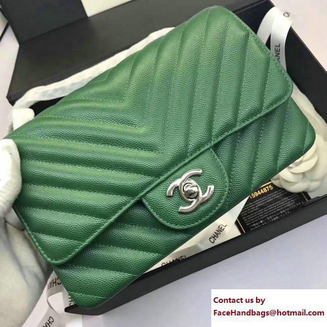 Chanel Caviar Leather Chevron Classic Flap Small Bag A1116 Green/Silver 2017