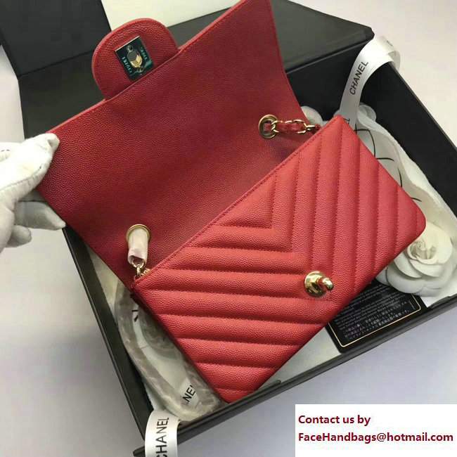 Chanel Caviar Leather Chevron Classic Flap Small Bag A1116 Red/Gold 2017 - Click Image to Close