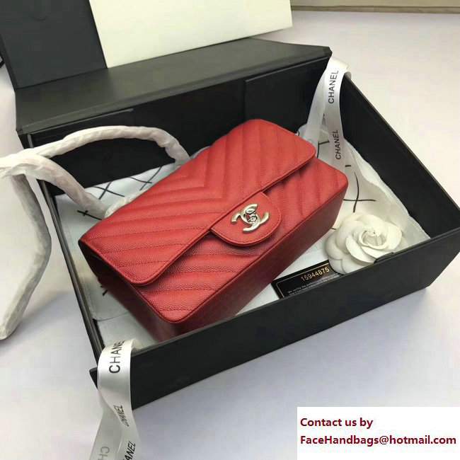 Chanel Caviar Leather Chevron Classic Flap Small Bag A1116 Red/Silver 2017