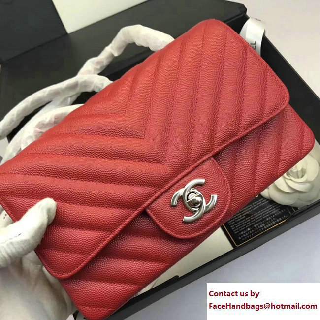 Chanel Caviar Leather Chevron Classic Flap Small Bag A1116 Red/Silver 2017