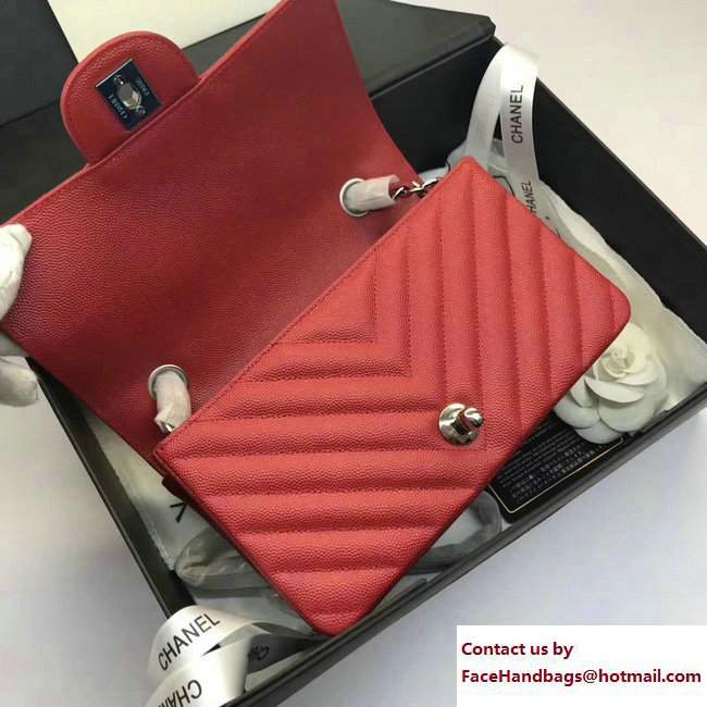 Chanel Caviar Leather Chevron Classic Flap Small Bag A1116 Red/Silver 2017 - Click Image to Close
