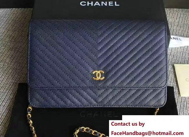 Chanel Caviar Leather Chevron Wallet On Chain WOC Bag Navy Blue 2017 - Click Image to Close