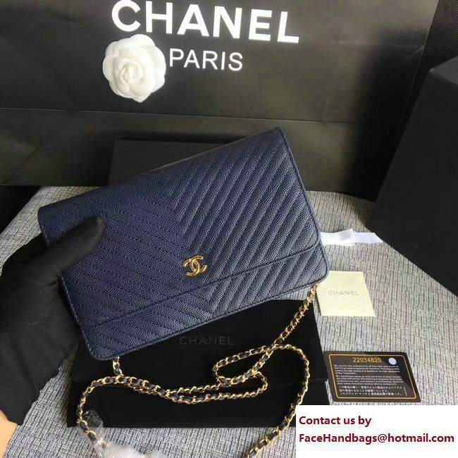 Chanel Caviar Leather Chevron Wallet On Chain WOC Bag Navy Blue 2017