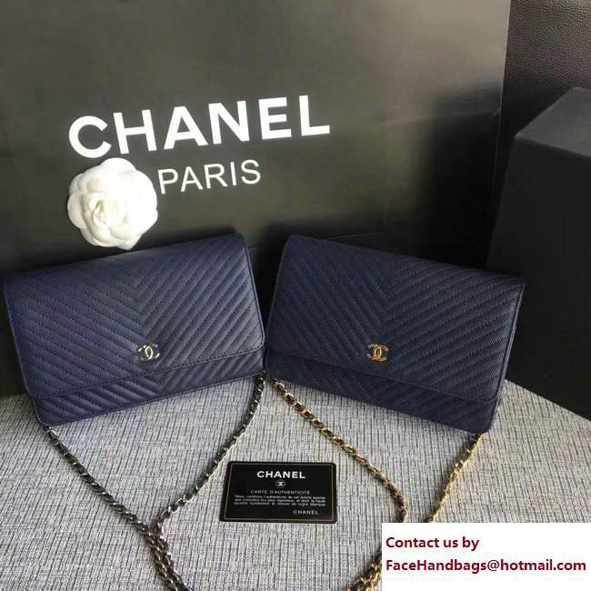 Chanel Caviar Leather Chevron Wallet On Chain WOC Bag Navy Blue 2017