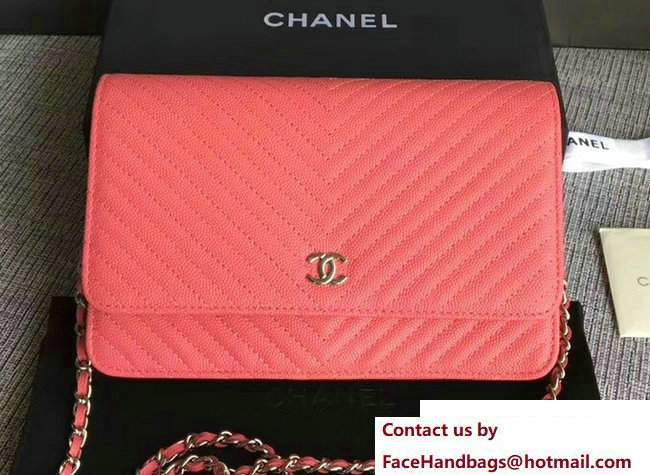 Chanel Caviar Leather Chevron Wallet On Chain WOC Bag Peach 2017 - Click Image to Close