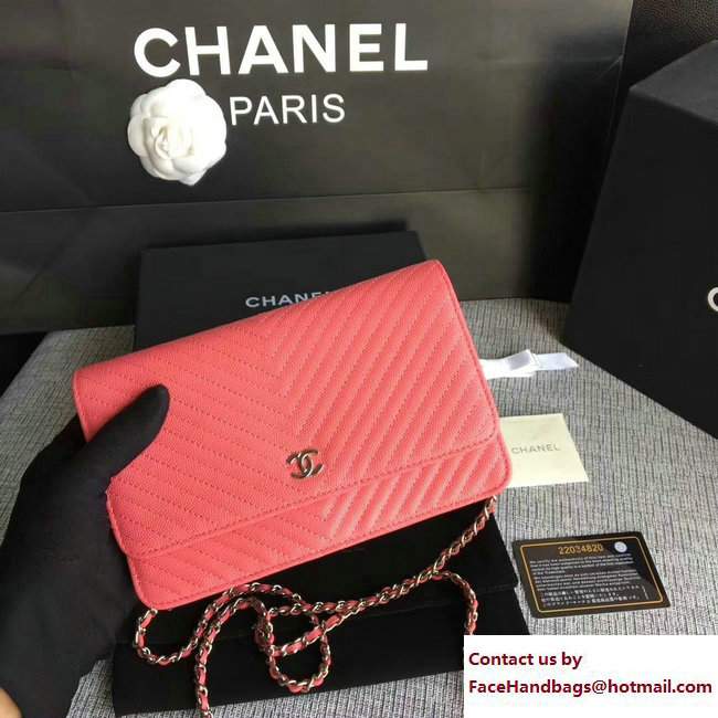 Chanel Caviar Leather Chevron Wallet On Chain WOC Bag Peach 2017 - Click Image to Close