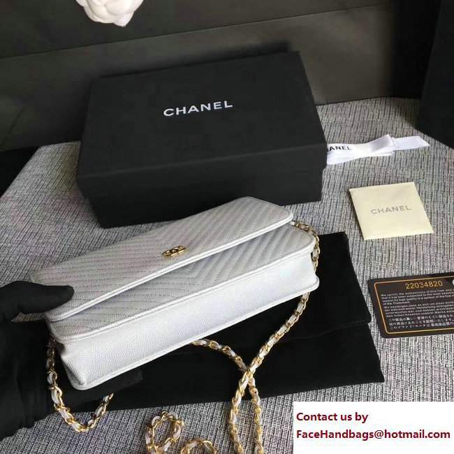 Chanel Caviar Leather Chevron Wallet On Chain WOC Bag Pearl Silver/Gold 2017