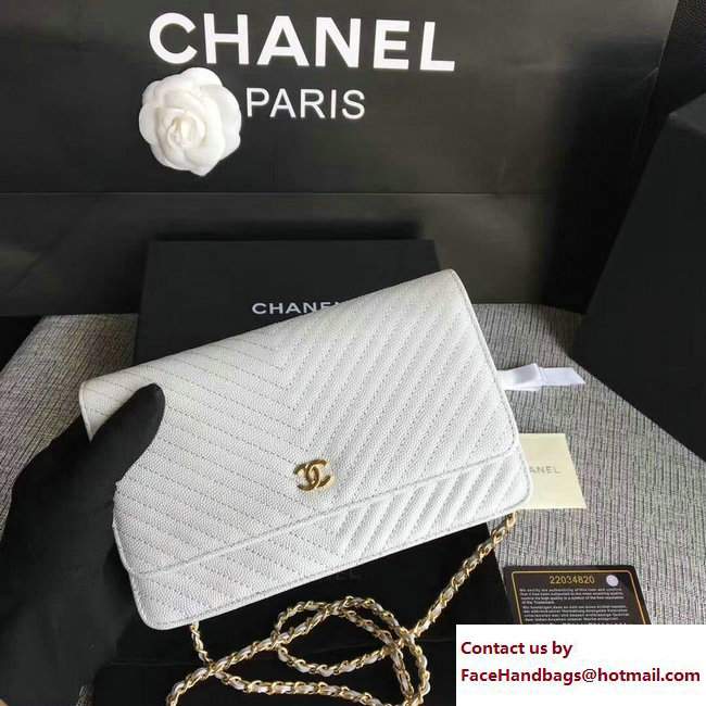 Chanel Caviar Leather Chevron Wallet On Chain WOC Bag Pearl Silver/Gold 2017
