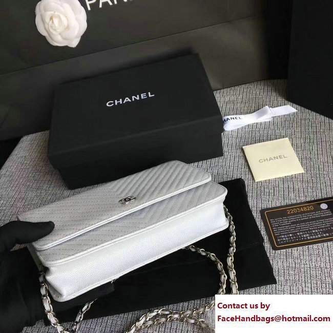Chanel Caviar Leather Chevron Wallet On Chain WOC Bag Pearl Silver/Silver 2017 - Click Image to Close