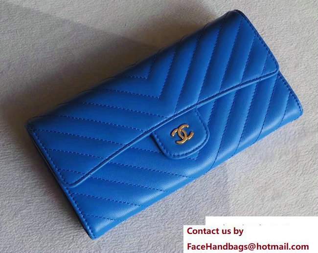 Chanel Chevron Sheepskin Flap Wallet Blue/Gold 2017 - Click Image to Close