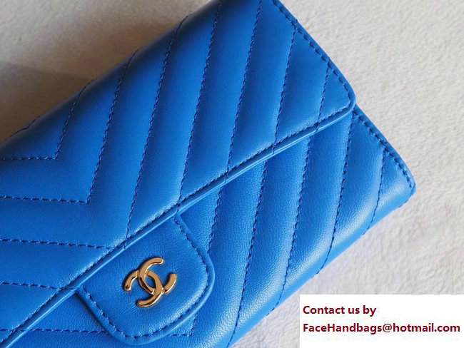 Chanel Chevron Sheepskin Flap Wallet Blue/Gold 2017 - Click Image to Close