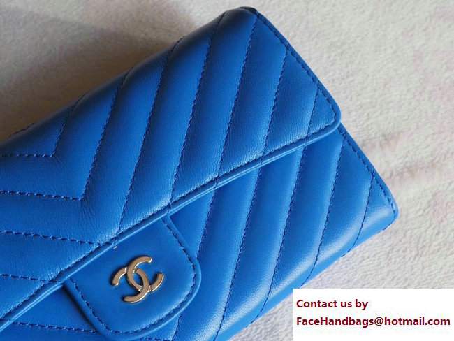 Chanel Chevron Sheepskin Flap Wallet Blue/Silver 2017 - Click Image to Close