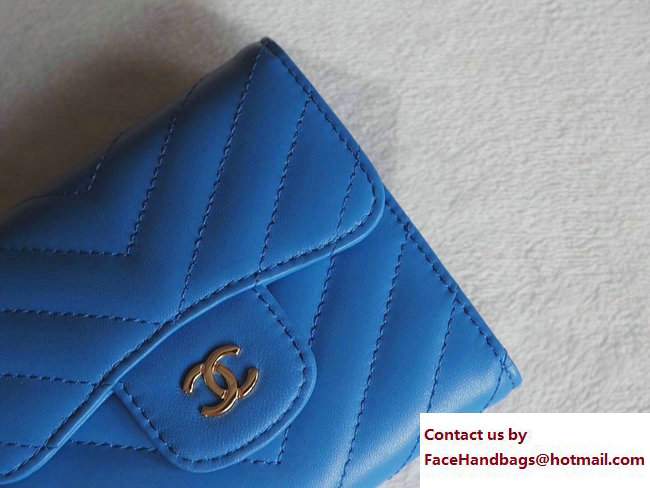 Chanel Chevron Sheepskin Small Flap Wallet Blue/Gold 2017