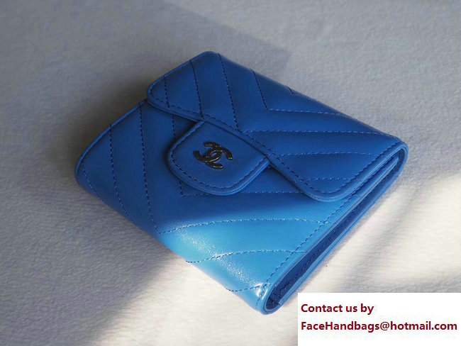 Chanel Chevron Sheepskin Small Flap Wallet Blue/Silver 2017