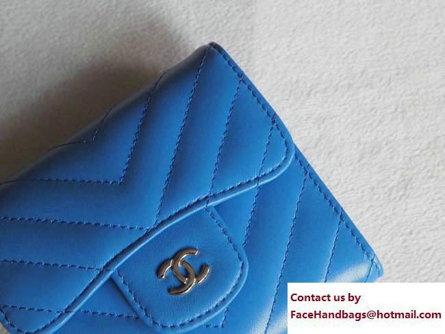 Chanel Chevron Sheepskin Small Flap Wallet Blue/Silver 2017 - Click Image to Close