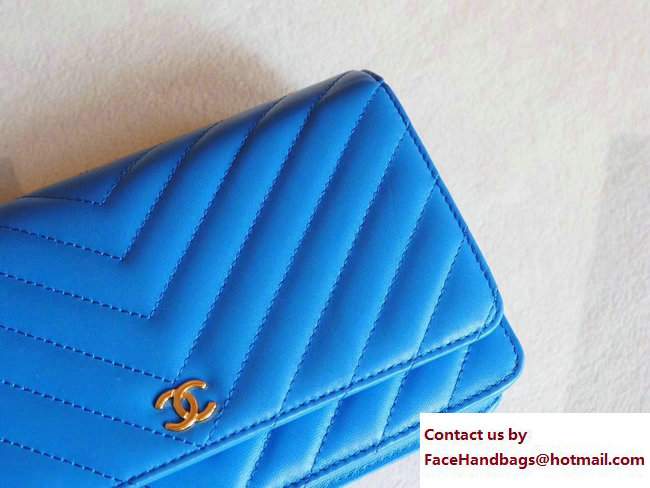 Chanel Chevron Sheepskin Wallet On Chain WOC Bag Blue/Gold 2017 - Click Image to Close