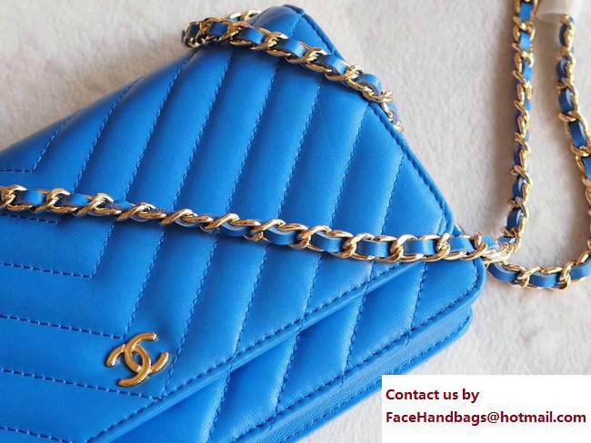 Chanel Chevron Sheepskin Wallet On Chain WOC Bag Blue/Gold 2017