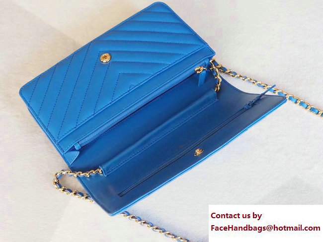 Chanel Chevron Sheepskin Wallet On Chain WOC Bag Blue/Gold 2017 - Click Image to Close