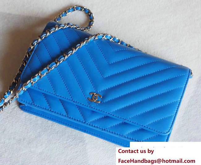 Chanel Chevron Sheepskin Wallet On Chain WOC Bag Blue/Silver 2017 - Click Image to Close