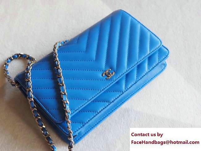 Chanel Chevron Sheepskin Wallet On Chain WOC Bag Blue/Silver 2017