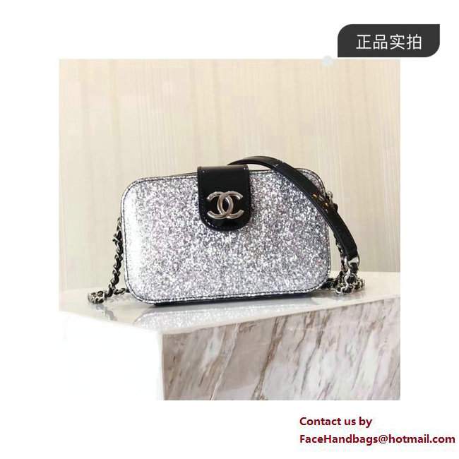 Chanel Glittered PVC and Patent Calfskin Evening On The Moon Camera Case Bag A91991 Silver/Black 2017