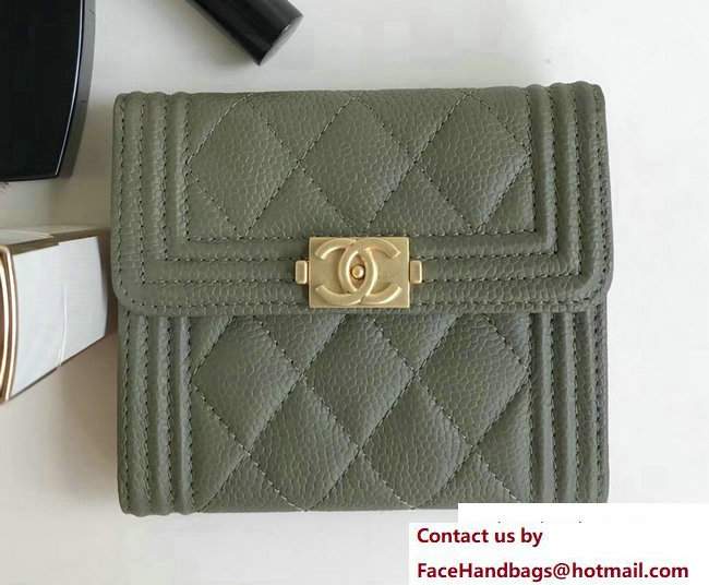 Chanel Gold-Tone Metal Boy Small Wallet A80734 Grained Calfskin Army Green 2017