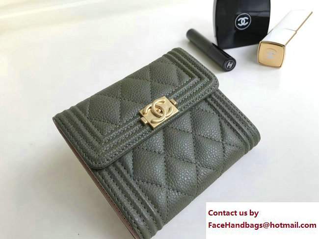 Chanel Gold-Tone Metal Boy Small Wallet A80734 Grained Calfskin Army Green 2017