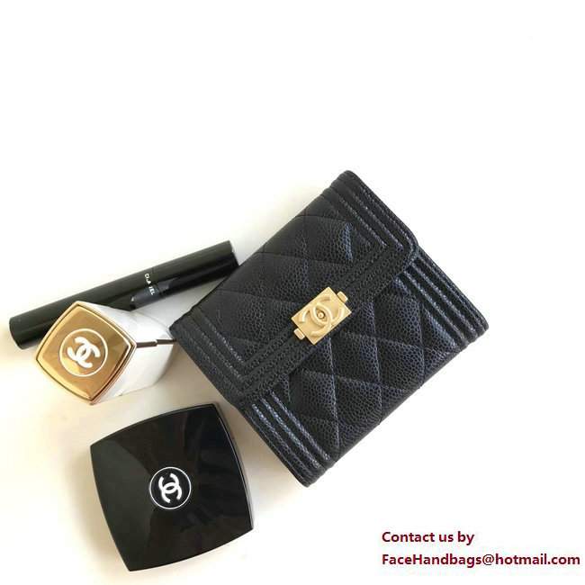 Chanel Gold-Tone Metal Boy Small Wallet A80734 Grained Calfskin Black 2017