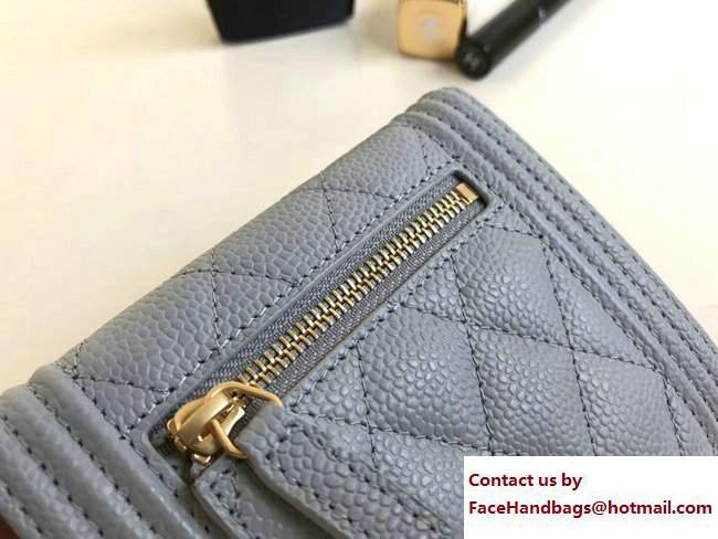 Chanel Gold-Tone Metal Boy Small Wallet A80734 Grained Calfskin Light Gray 2017