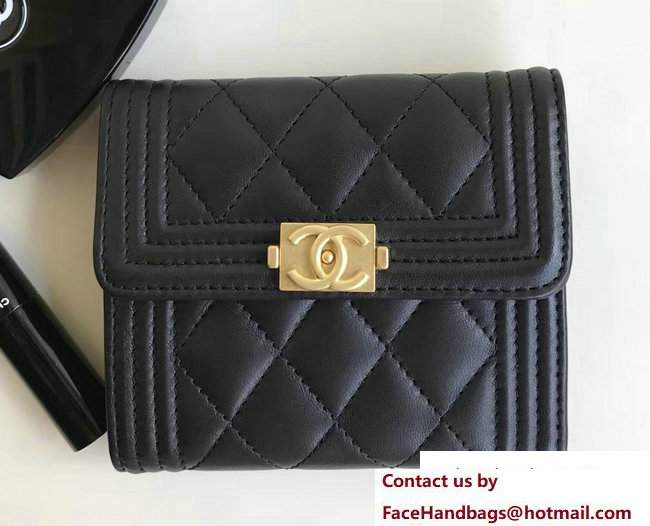 Chanel Gold-Tone Metal Boy Small Wallet A80734 Lambskin Black 2017