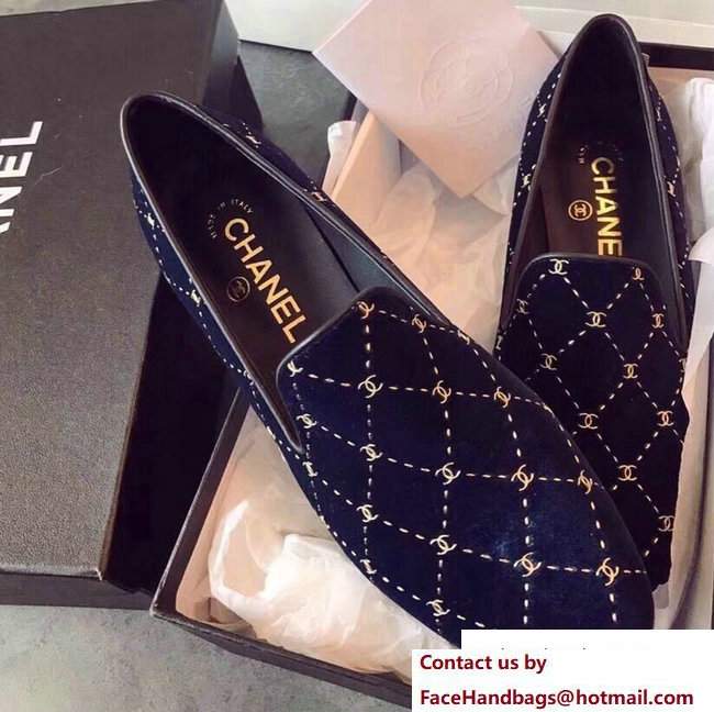 Chanel Logo Print Velvet Loafers G33126 Dark Blue 2017