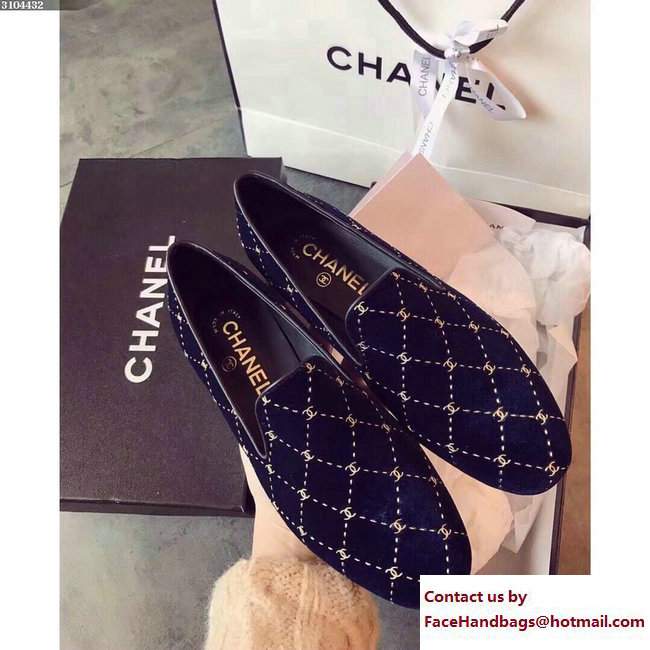 Chanel Logo Print Velvet Loafers G33126 Dark Blue 2017
