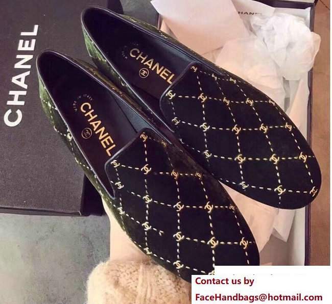 Chanel Logo Print Velvet Loafers G33126 Green 2017