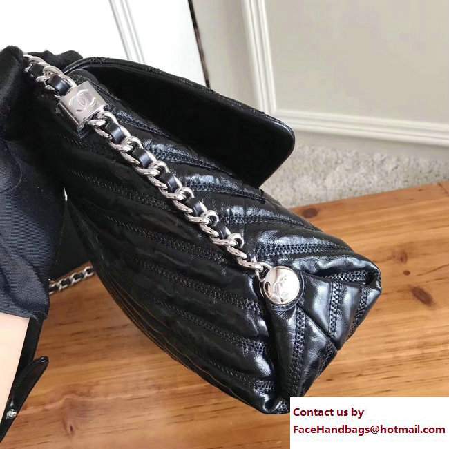 Chanel Metallic Crumpled Calfskin Chevron Space Suit Flap Bag A91978 Black 2017