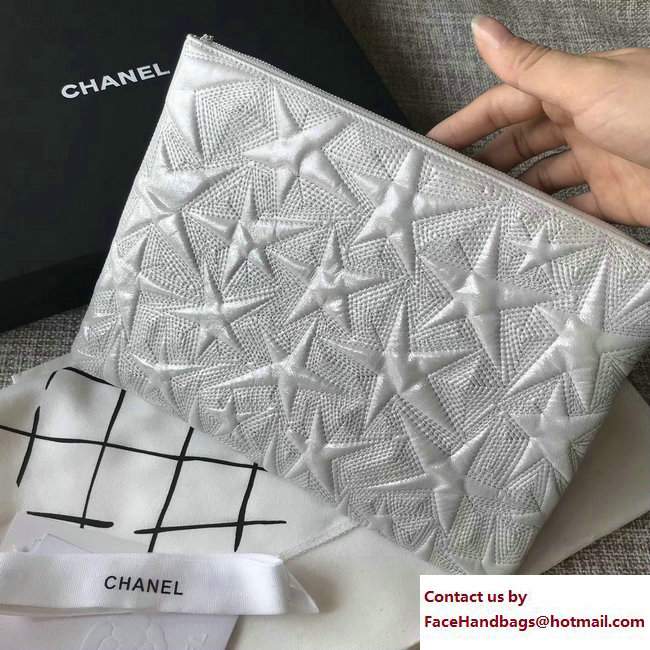Chanel Metallic Star Embossed Large Pouch Clutch Bag A70101 Light Gray 2017