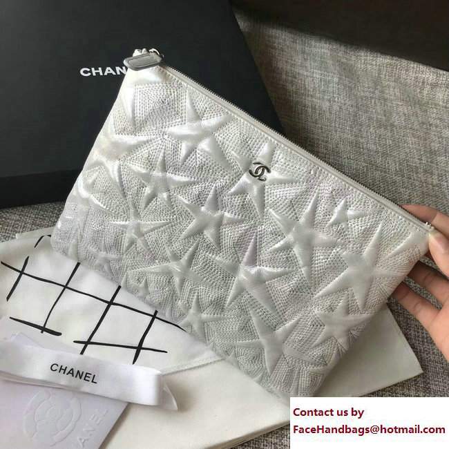 Chanel Metallic Star Embossed Large Pouch Clutch Bag A70101 Light Gray 2017