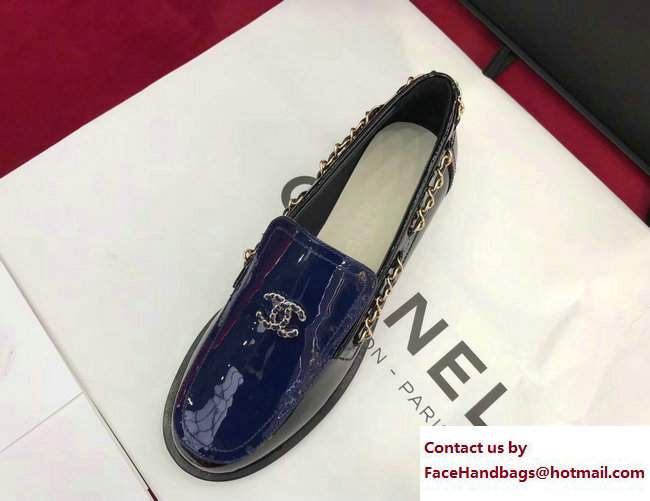 Chanel Patent Calfskin CC Logo Chain Loafers G33521 Blue/Black 2018 - Click Image to Close
