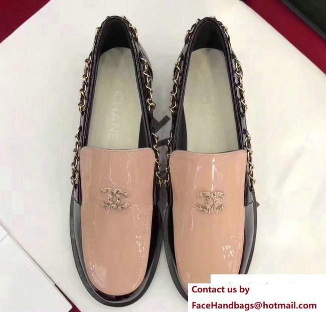 Chanel Patent Calfskin CC Logo Chain Loafers G33521 Nude Pink/Black 2018