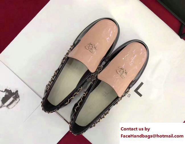 Chanel Patent Calfskin CC Logo Chain Loafers G33521 Nude Pink/Black 2018 - Click Image to Close