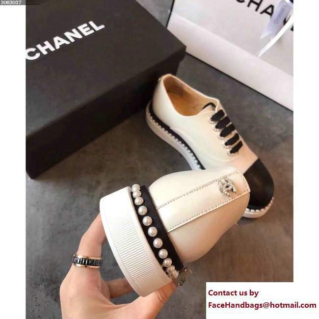 Chanel Pearls Lace-ups Sneakers G32357 Black/Beige Cruise 2018 - Click Image to Close