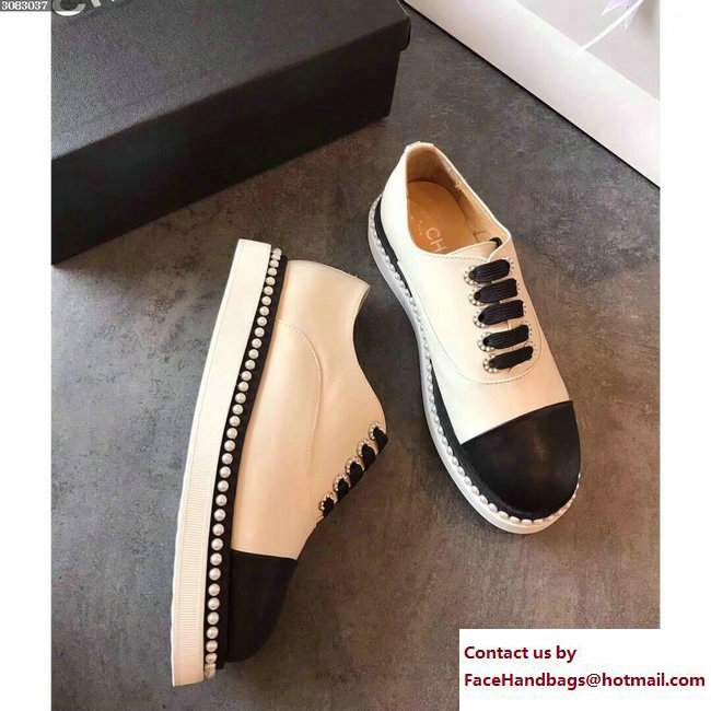 Chanel Pearls Lace-ups Sneakers G32357 Black/Beige Cruise 2018 - Click Image to Close