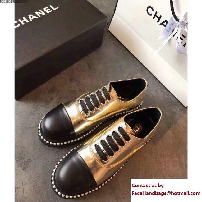 Chanel Pearls Lace-ups Sneakers G32357 Black/Metallic Gold Cruise 2018