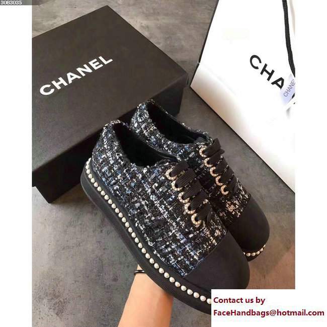 Chanel Pearls Lace-ups Sneakers G32357 Tweed/Grosgrain Black Cruise 2018 - Click Image to Close