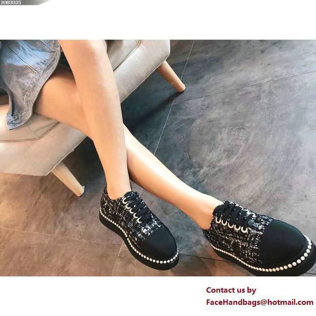 Chanel Pearls Lace-ups Sneakers G32357 Tweed/Grosgrain Black Cruise 2018 - Click Image to Close