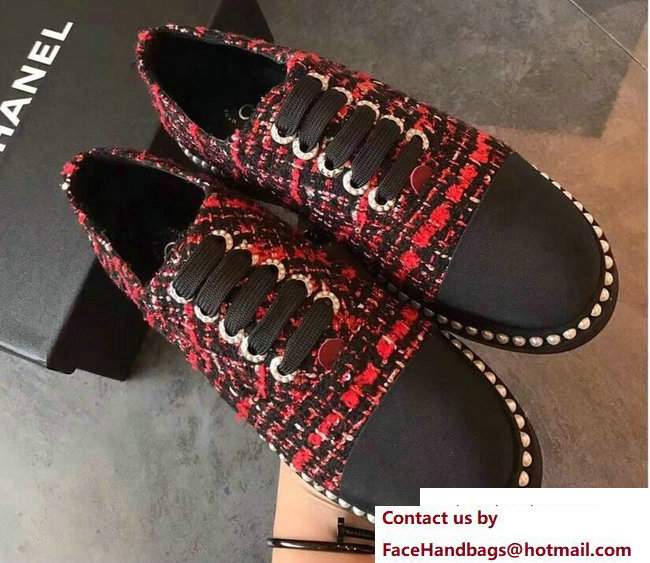 Chanel Pearls Lace-ups Sneakers G32357 Tweed/Grosgrain Red Cruise 2018 - Click Image to Close