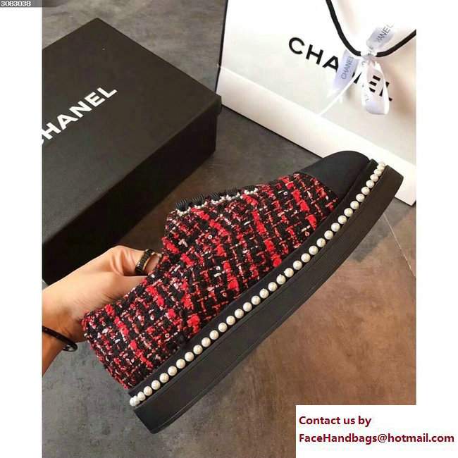 Chanel Pearls Lace-ups Sneakers G32357 Tweed/Grosgrain Red Cruise 2018 - Click Image to Close