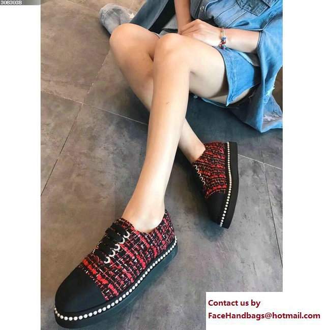Chanel Pearls Lace-ups Sneakers G32357 Tweed/Grosgrain Red Cruise 2018