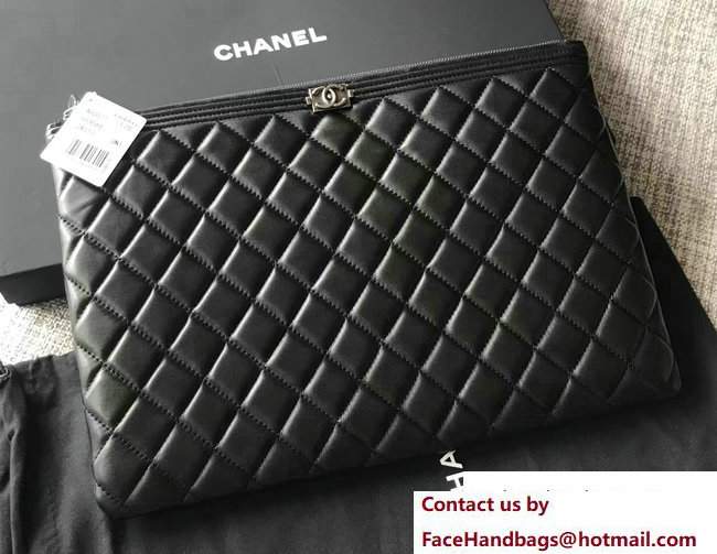 Chanel Sheepskin Boy Large Pouch Clutch Bag A80570 Black/Silver 2017