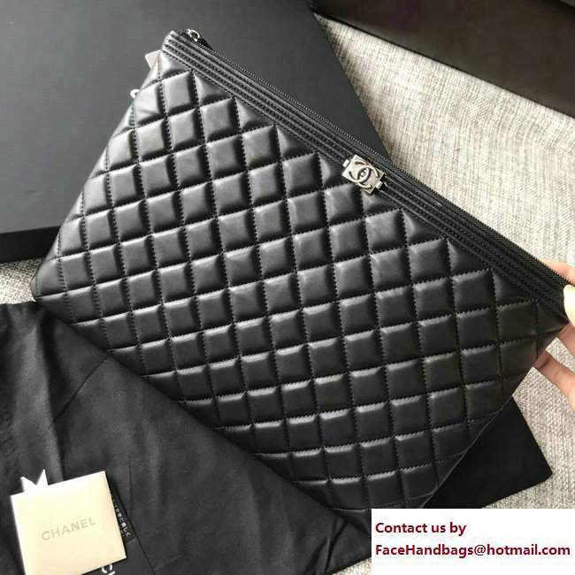 Chanel Sheepskin Boy Large Pouch Clutch Bag A80570 Black/Silver 2017