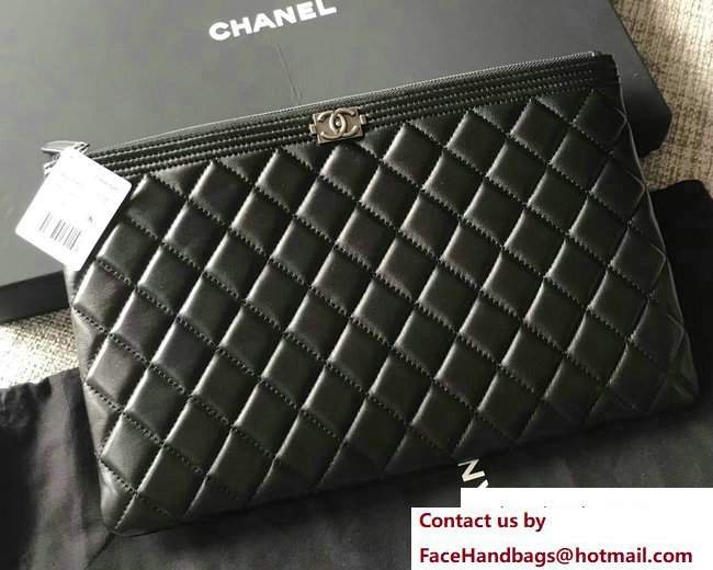 Chanel Sheepskin Boy Small Pouch Clutch Bag A80571 Black/Silver 2017